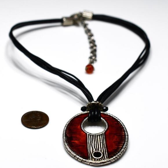 Vintage Chico's Red Enamel Pendant Leather Necklace, 21 Inches - Picture 3 of 8